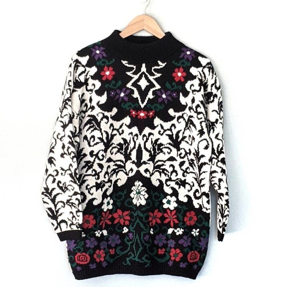 Vintage 80's Grannycore Floral Mock NeckOversized Sweater Made in USA